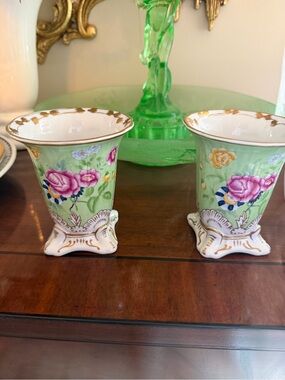 Vintage Chelsea House Petit Green /Gold Floral Vases